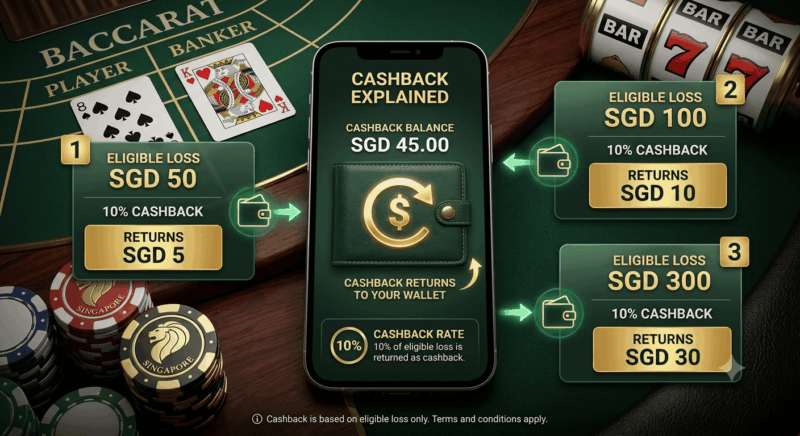 Casino bonus reload offer with SGD deposit match and wagering terms